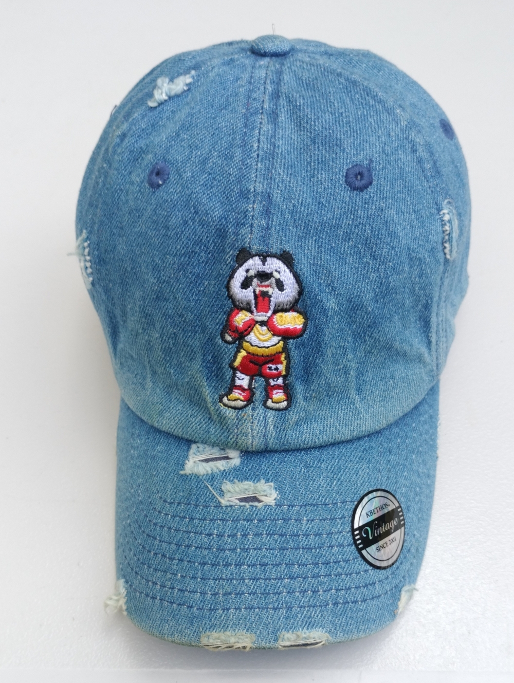 KBETHOS Vintage Distressed Denim Baseball Cap Embroidered Character Blue Hat